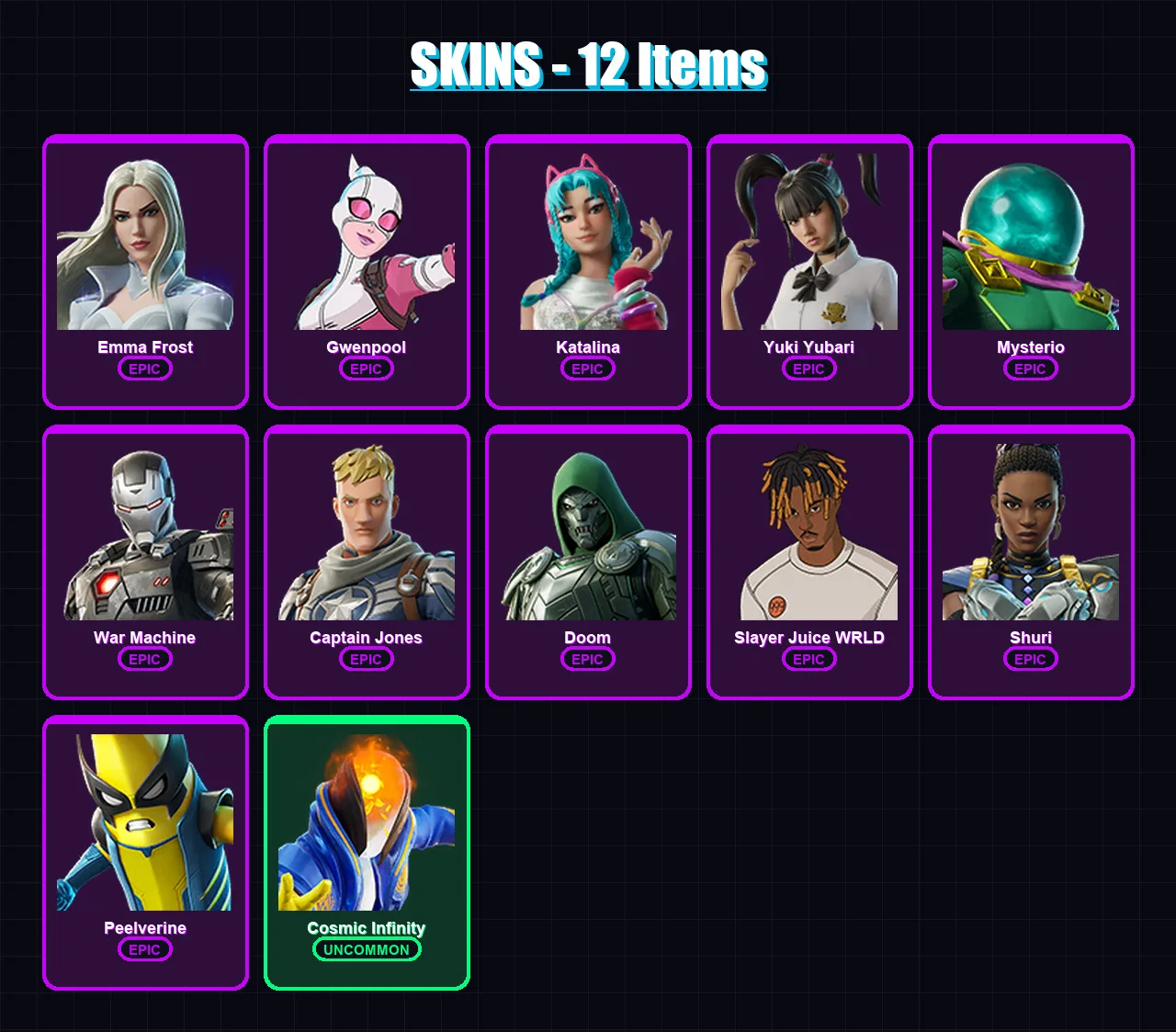 [PC/PSN] | Emma Frost | Gwenpool | Katalina | Yuki Yubari | Mysterio | 12 skin | 13 pickaxe | 13 emote | 10 glider | Lv145