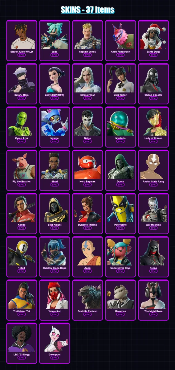 [SWITCH/XBOX/PSN/PC] | Slayer Juice WRLD | Jade | Captain Jones | Andy Fangerson | Santa Dogg | 37 skin | 78 pickaxe | 39 emote | 45 glider | Lv518 — Fortnite account