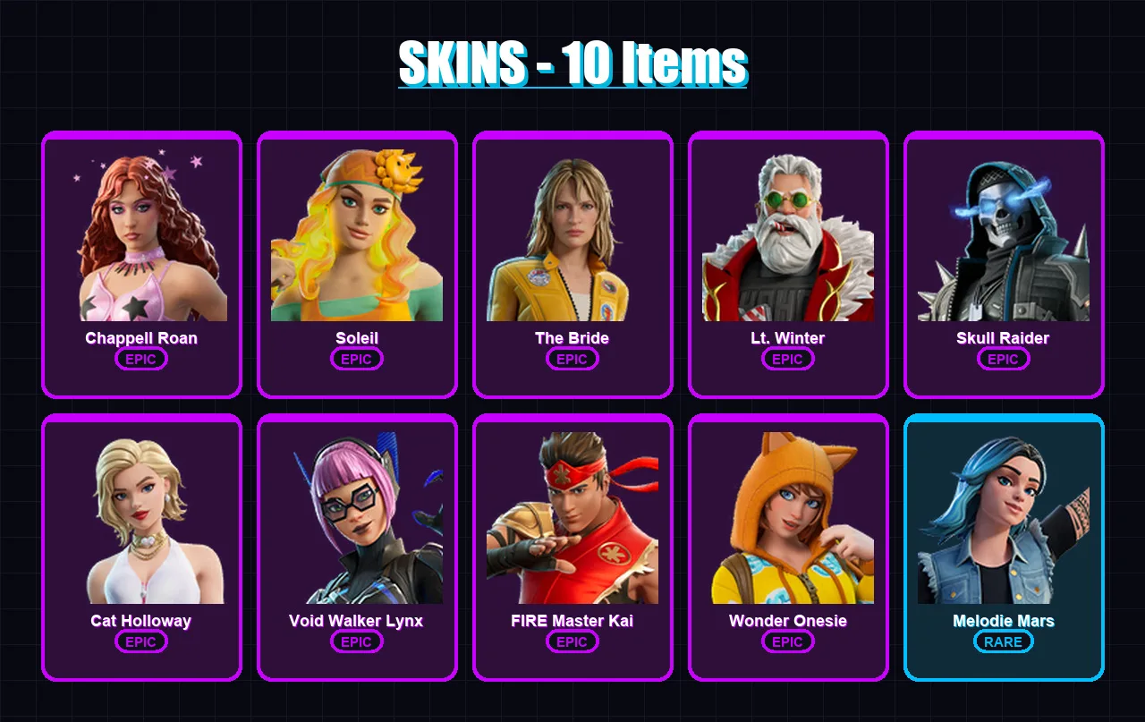 [PC/PSN] | Chappell Roan | Soleil | The Bride | Lt. Winter | Skull Raider | 10 skin | 31 pickaxe | 15 emote | 22 glider | Lv255