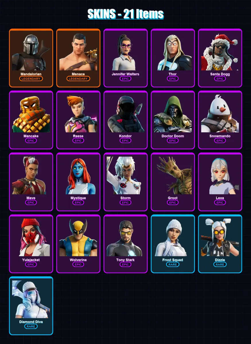 [SWITCH/XBOX/PSN/PC] | Mandalorian | Menace | Jennifer Walters | Thor | Santa Dogg | 21 skin | 30 pickaxe | 14 emote | 26 glider | Lv428