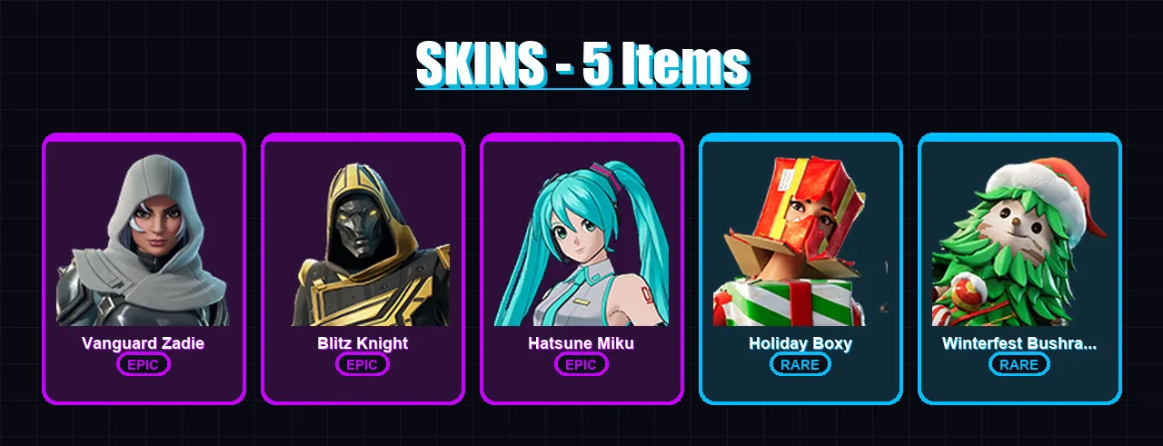 [PC/PSN] | Vanguard Zadie | Blitz Knight | Hatsune Miku | Holiday Boxy | Winterfest Bushranger | 5 skin | 32 pickaxe | 13 emote | 22 glider | Lv321