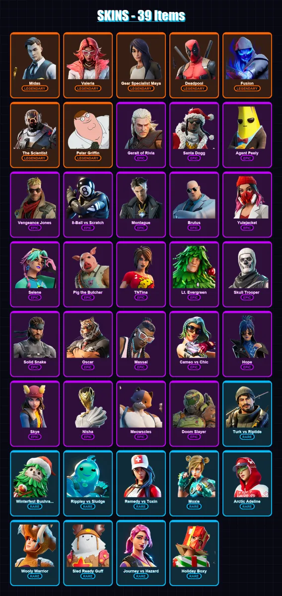 [PC] | Midas | Valeria | Gear Specialist Maya | Deadpool | Fusion | 39 skin | 83 pickaxe | 57 emote | 79 glider | Lv1261