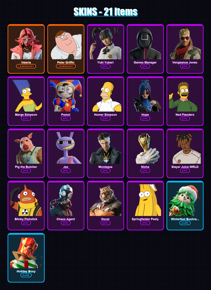 [PC/XBOX] | Valeria | Peter Griffin | Yuki Yubari | Games Manager | Vengeance Jones | 21 skin | 47 pickaxe | 20 emote | 30 glider | Lv482
