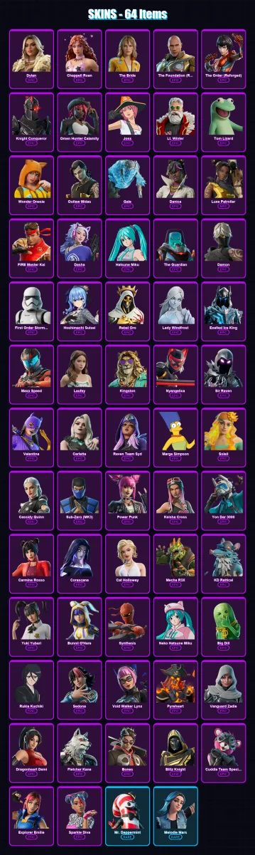 [PC/PSN] | Dylan | Chappell Roan | The Bride | The Foundation (Reforged) | The Order (Reforged) | 64 skin | 98 pickaxe | 63 emote | 64 glider | Lv71
