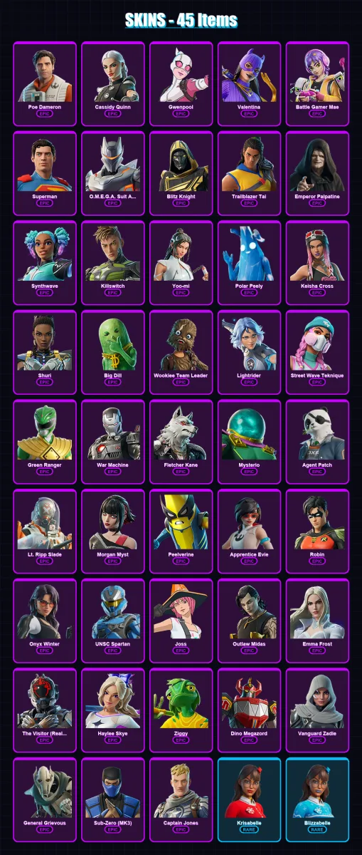[PC/XBOX/PSN] | Poe Dameron | Cassidy Quinn | Gwenpool | Valentina | Battle Gamer Mae | 45 skin | 84 pickaxe | 55 emote | 74 glider | Lv1326
