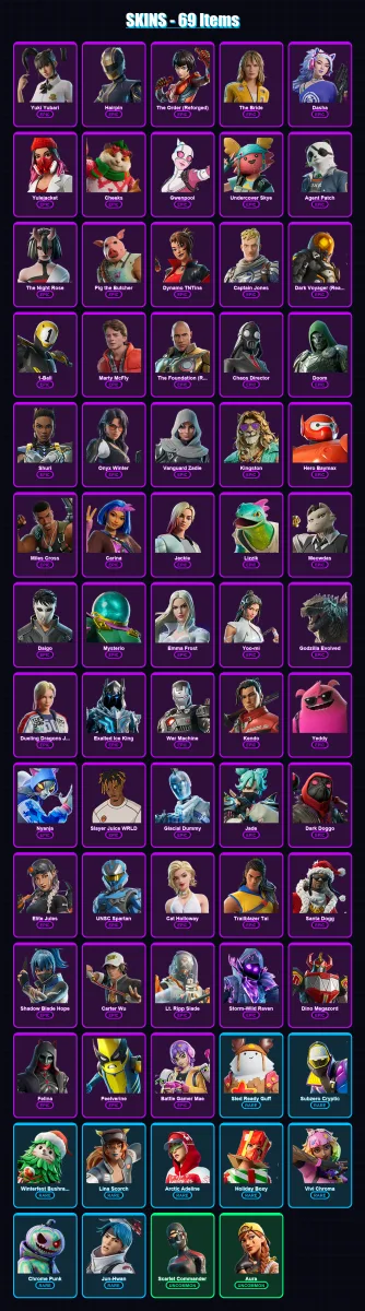 [PS4/PS5/XBOX/PC] | Yuki Yubari | Hairpin | The Order (Reforged) | The Bride | Dasha | 69 skin | 142 pickaxe | 88 emote | 104 glider | Lv1698
