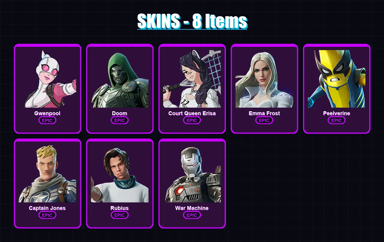 [PC/XBOX/PSN] | Gwenpool | Doom | Court Queen Erisa | Emma Frost | Peelverine | 8 skin | 37 pickaxe | 25 emote | 29 glider | Lv438