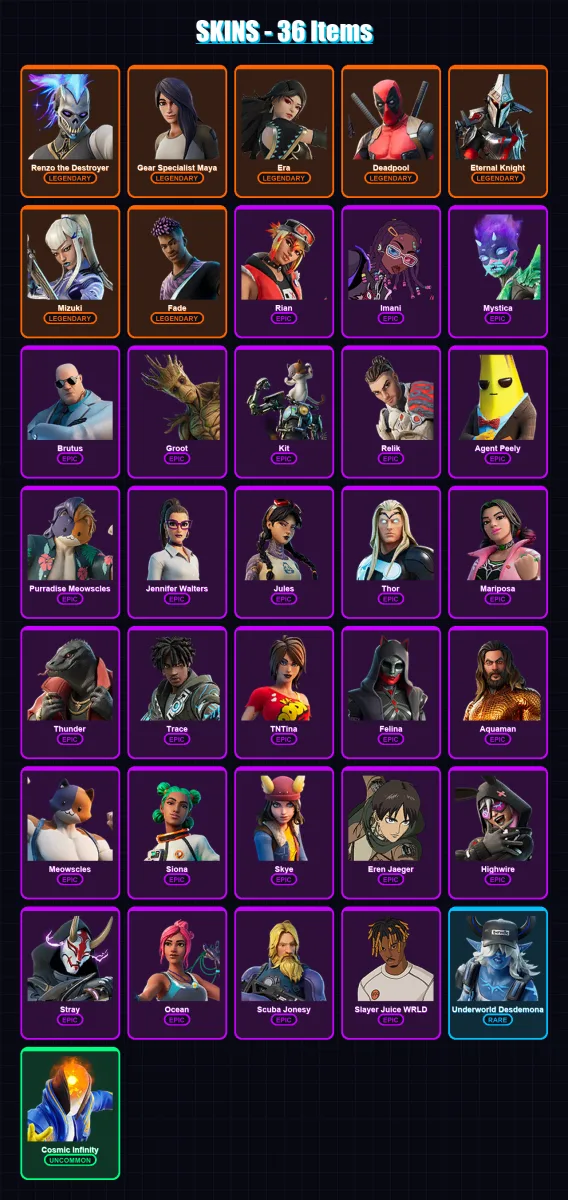 [PC/XBOX/PSN] | Renzo the Destroyer | Gear Specialist Maya | Era | Deadpool | Eternal Knight | 36 skin | 50 pickaxe | 38 emote | 55 glider | Lv638