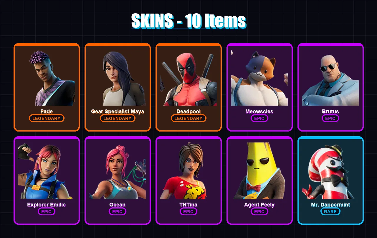 [SWITCH/XBOX/PSN/PC] | Fade | Gear Specialist Maya | Deadpool | Meowscles | Brutus | 10 skin | 7 pickaxe | 10 emote | 12 glider | Lv149
