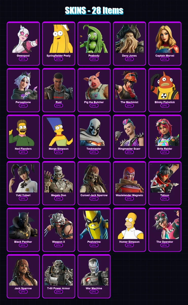 [PC/XBOX] | Gwenpool | Springfielder Peely | Peabody | Davy Jones | Captain Marvel | 28 skin | 49 pickaxe | 26 emote | 37 glider | Lv439