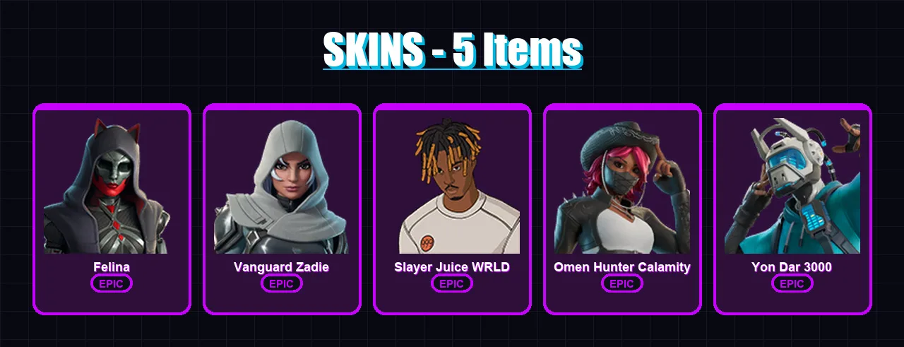 [PC/PSN] | Felina | Vanguard Zadie | Slayer Juice WRLD | Omen Hunter Calamity | Yon Dar 3000 | 5 skin | 45 pickaxe | 19 emote | 29 glider | Lv483