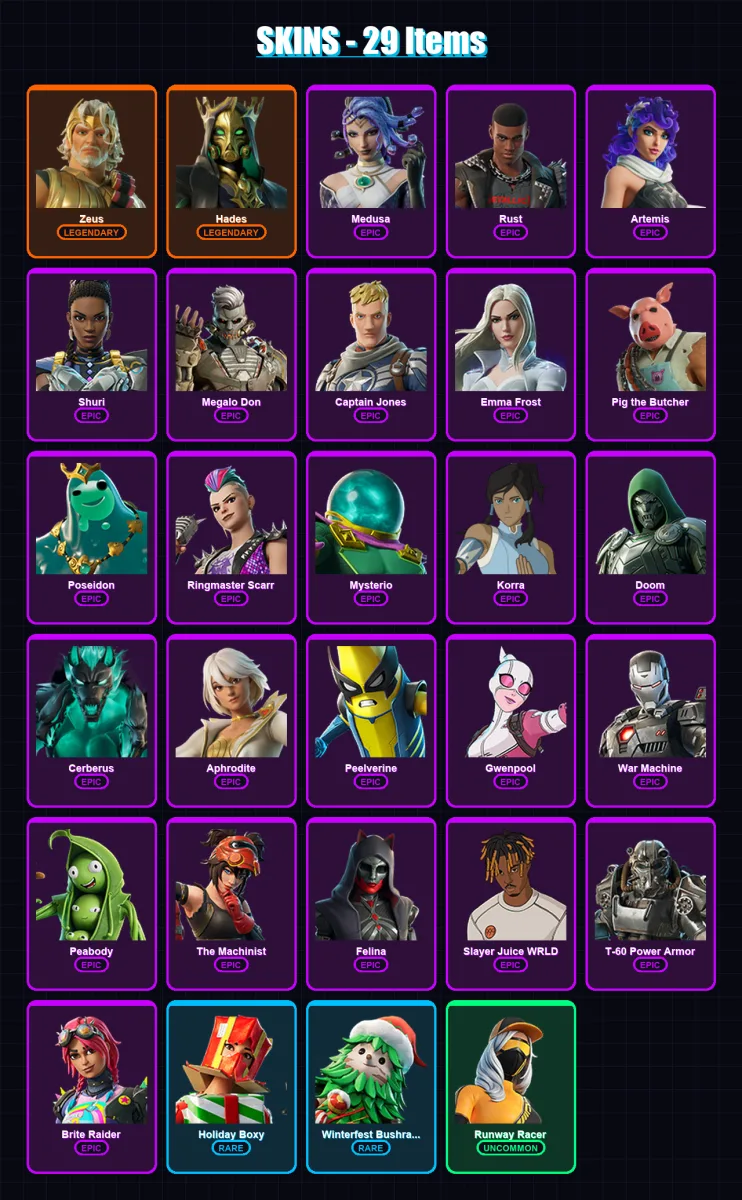 [PC/XBOX/PSN] | Zeus | Hades | Medusa | Rust | Artemis | 29 skin | 76 pickaxe | 46 emote | 65 glider | Lv1100