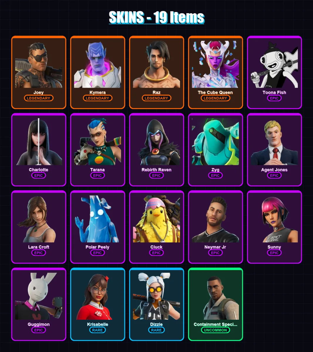 [PS4/PS5/XBOX/PC] | Joey | Kymera | Raz | The Cube Queen | Toona Fish | 19 skin | 32 pickaxe | 22 emote | 29 glider | Lv286