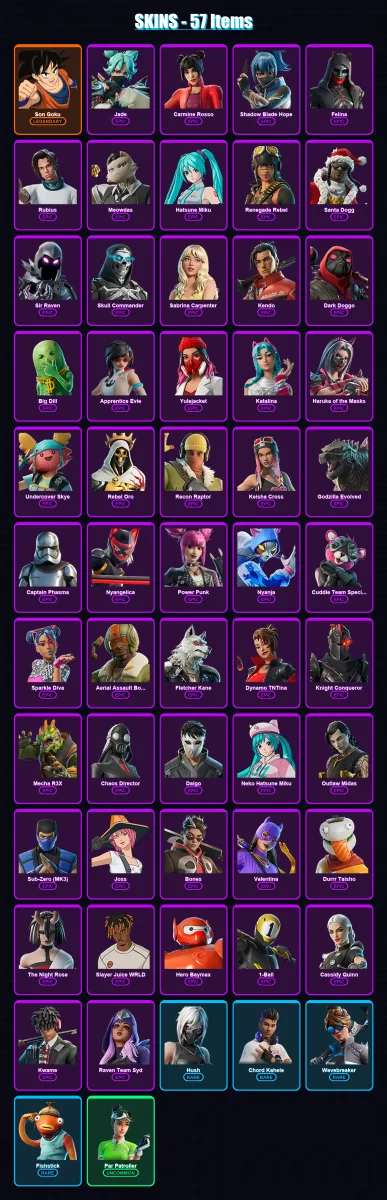 [PC/PSN] | Son Goku | Jade | Carmine Rosso | Shadow Blade Hope | Felina | 57 skin | 65 pickaxe | 54 emote | 40 glider | Lv616