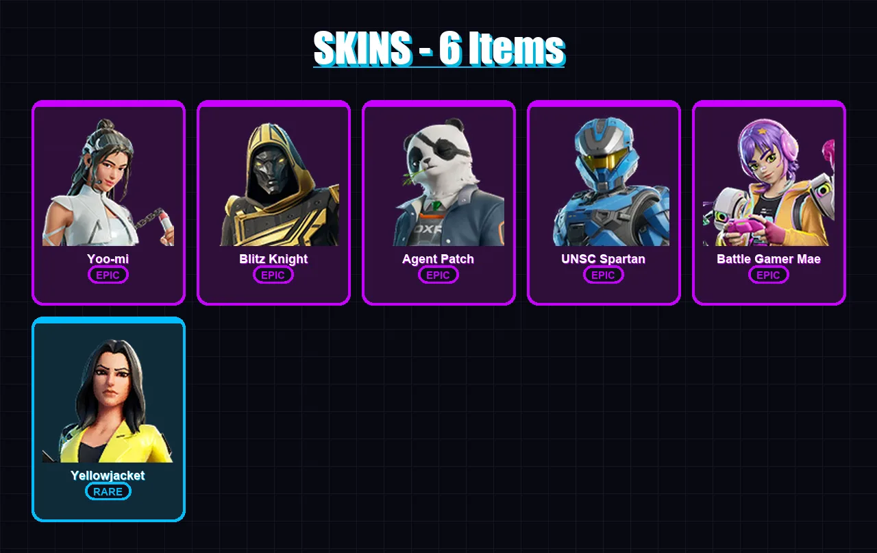 [PC/XBOX/PSN] | Yoo-mi | Blitz Knight | Agent Patch | UNSC Spartan | Battle Gamer Mae | 6 skin | 38 pickaxe | 11 emote | 26 glider | Lv395