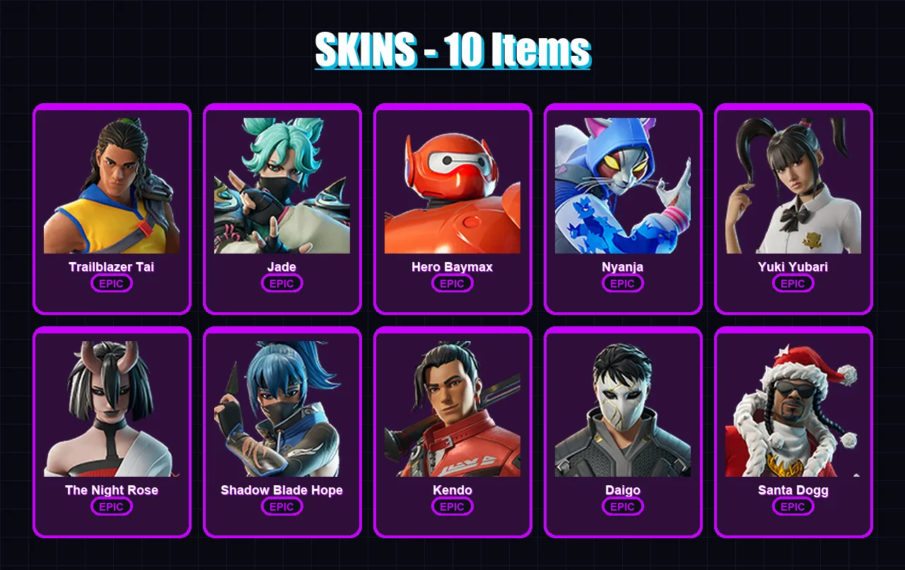 [PC/XBOX] | Trailblazer Tai | Jade | Hero Baymax | Nyanja | Yuki Yubari | 10 skin | 17 pickaxe | 15 emote | 13 glider | Lv135
