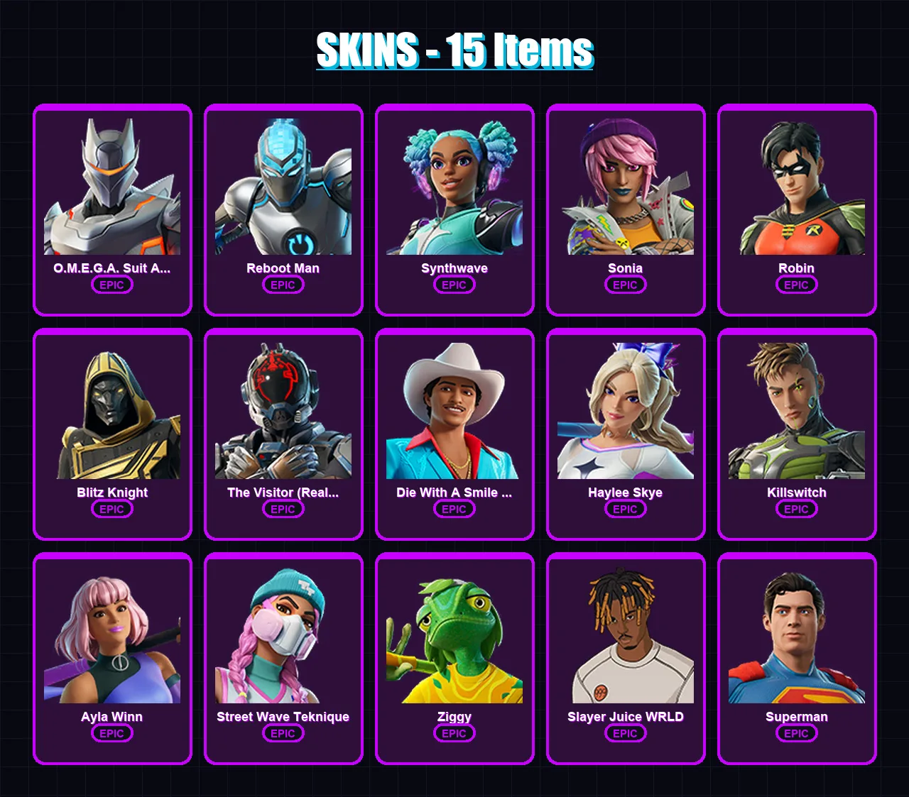 [PC/XBOX/PSN] | O.M.E.G.A. Suit Alpha | Reboot Man | Synthwave | Sonia | Robin | 15 skin | 33 pickaxe | 17 emote | 21 glider | Lv190