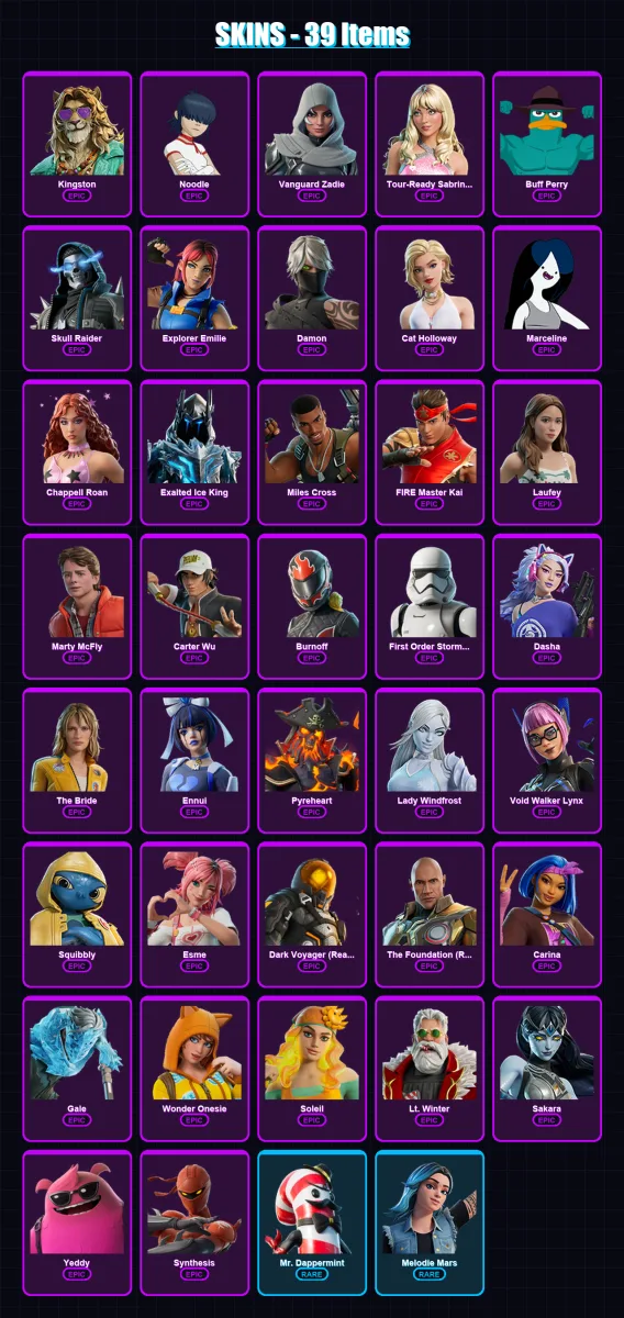 [PC/PSN] | Kingston | Noodle | Vanguard Zadie | Tour-Ready Sabrina Carpenter | Buff Perry | 39 skin | 49 pickaxe | 33 emote | 28 glider | Lv240
