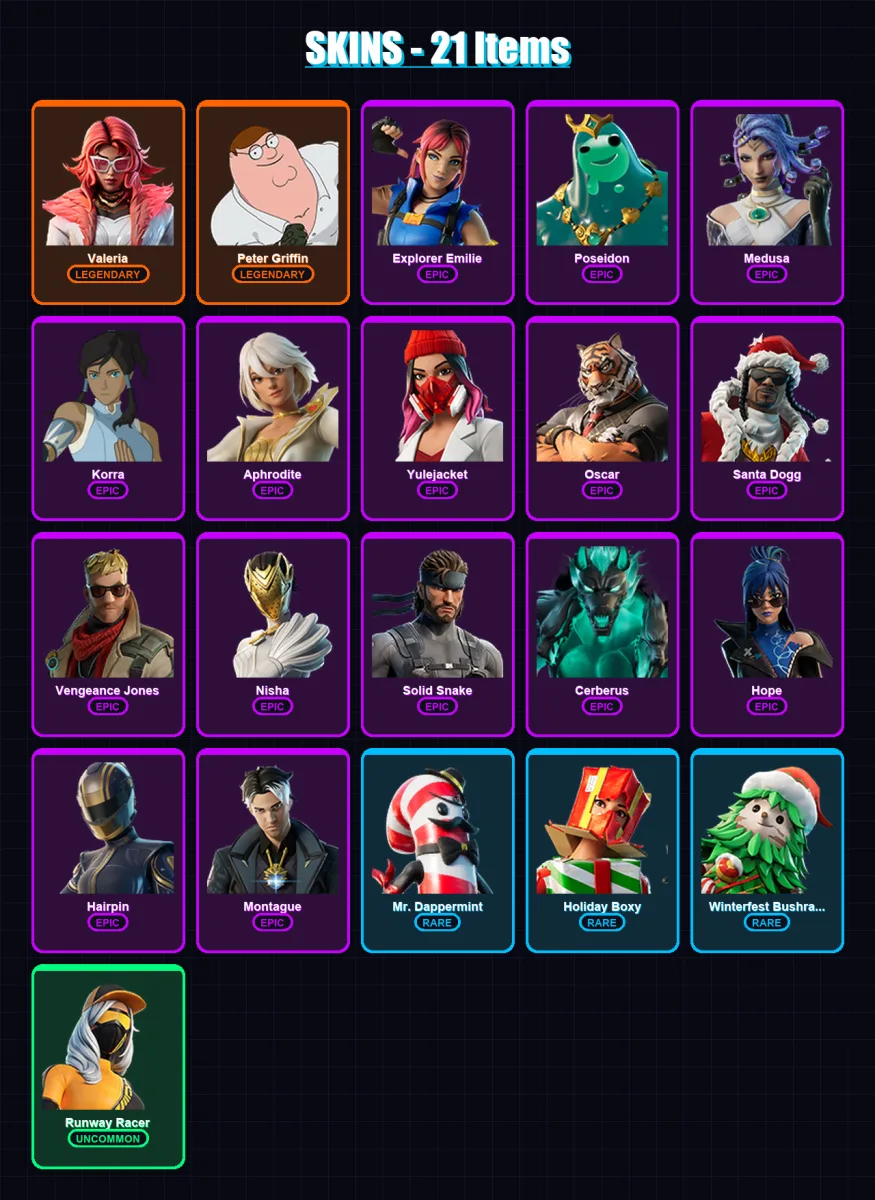 [PS4/PS5/XBOX/PC] | Valeria | Peter Griffin | Explorer Emilie | Poseidon | Medusa | 21 skin | 35 pickaxe | 30 emote | 37 glider | Lv616