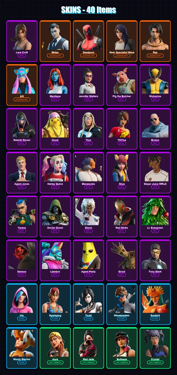 [PC/XBOX/PSN] | Lara Croft | Midas | Deadpool | Gear Specialist Maya | Raz | 40 skin | 67 pickaxe | 40 emote | 55 glider | Lv985