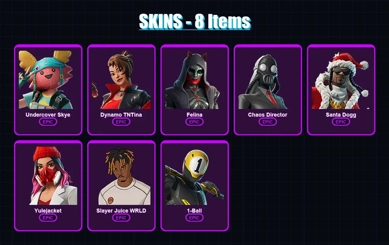 [PC/XBOX/PSN] | Undercover Skye | Dynamo TNTina | Felina | Chaos Director | Santa Dogg | 8 skin | 33 pickaxe | 15 emote | 23 glider | Lv321