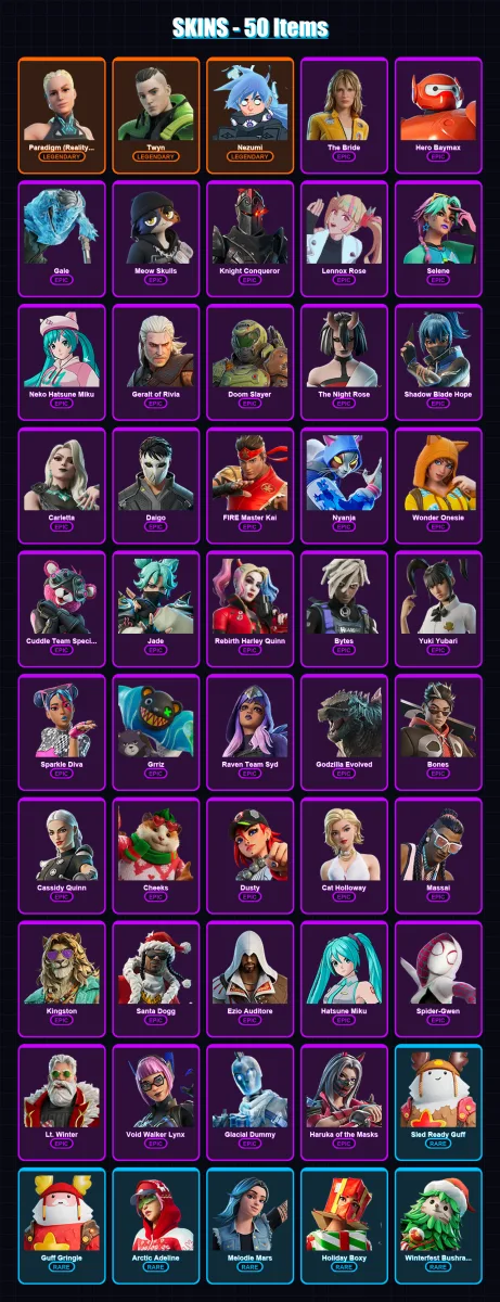 [PC/XBOX/PSN] | Paradigm (Reality-659) | Twyn | Nezumi | The Bride | Hero Baymax | 50 skin | 63 pickaxe | 45 emote | 49 glider | Lv513 — Fortnite account