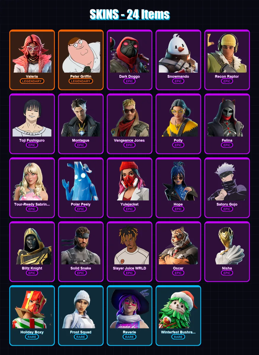 [PC/XBOX/PSN] | Valeria | Peter Griffin | Dark Doggo | Snowmando | Recon Raptor | 24 skin | 73 pickaxe | 48 emote | 45 glider | Lv730