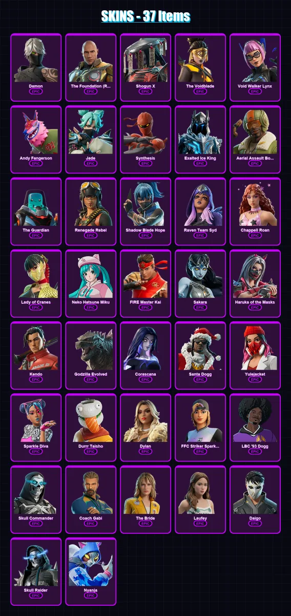 [PC/XBOX/PSN] | Damon | The Foundation (Reforged) | Shogun X | The Voidblade | Void Walker Lynx | 37 skin | 43 pickaxe | 22 emote | 24 glider | Lv11