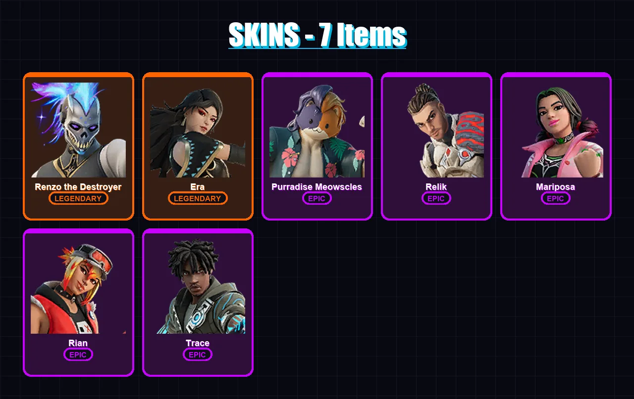 [PC/PSN] | Renzo the Destroyer | Era | Purradise Meowscles | Relik | Mariposa | 7 skin | 7 pickaxe | 5 emote | 11 glider | Lv72