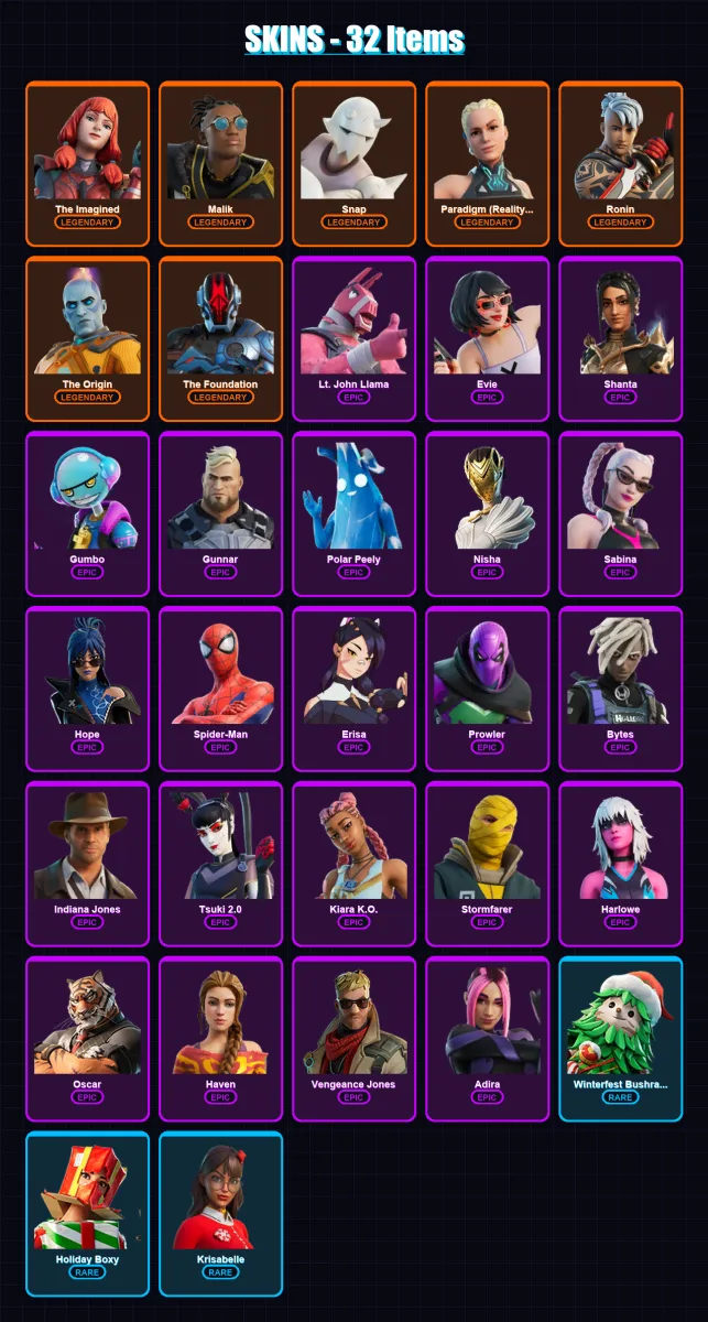 [PC/PSN] | The Imagined | Malik | Snap | Paradigm (Reality-659) | Ronin | 32 skin | 38 pickaxe | 28 emote | 38 glider | Lv441