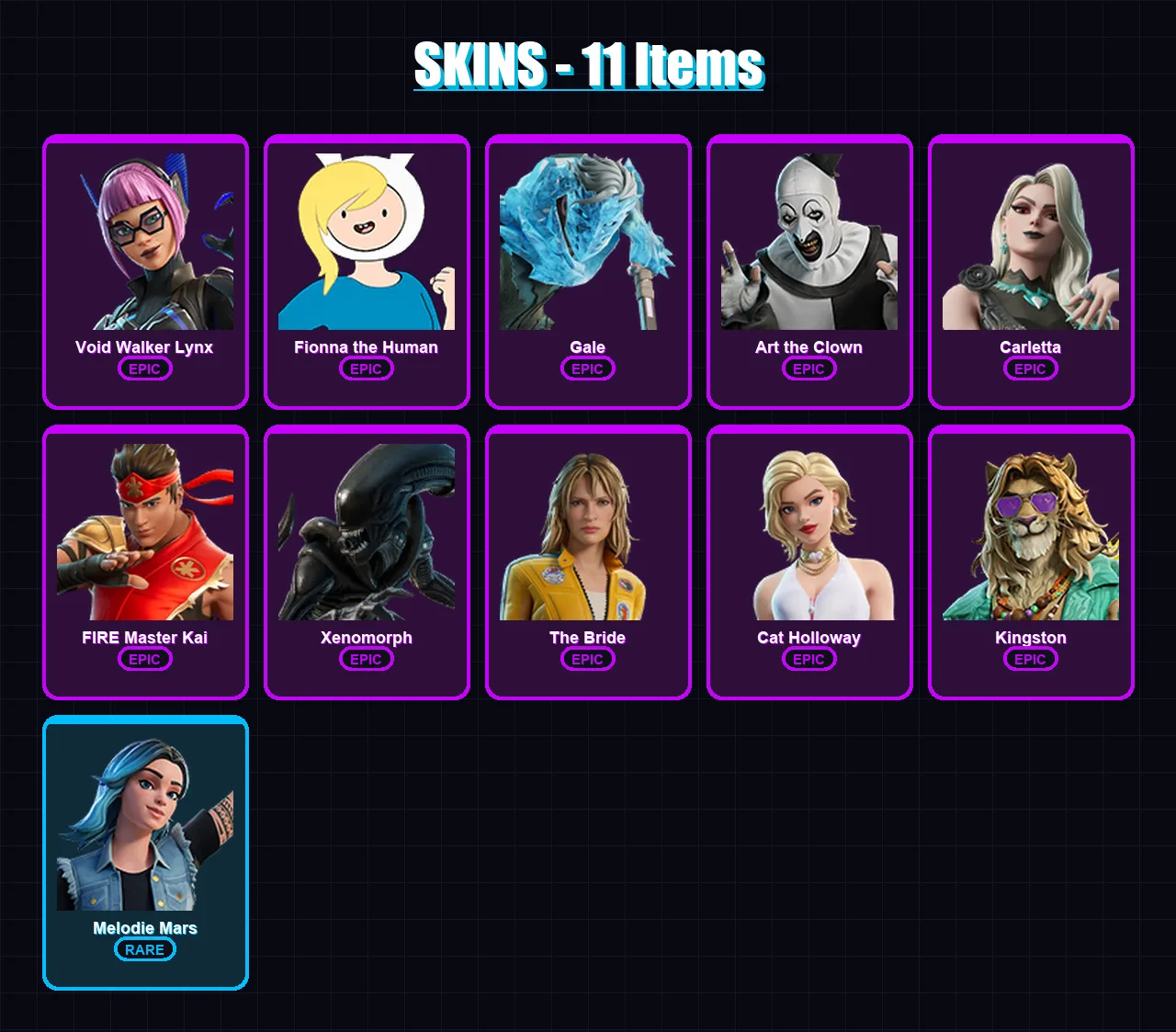 [PC/PSN] | Void Walker Lynx | Fionna the Human | Gale | Art the Clown | Carletta | 11 skin | 26 pickaxe | 15 emote | 19 glider | Lv106 — Fortnite account