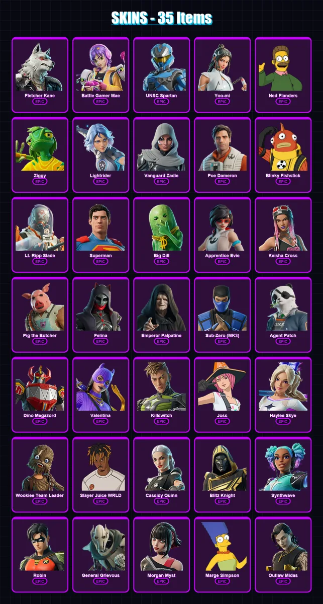 [PC/XBOX] | Fletcher Kane | Battle Gamer Mae | UNSC Spartan | Yoo-mi | Ned Flanders | 35 skin | 89 pickaxe | 42 emote | 58 glider | Lv862