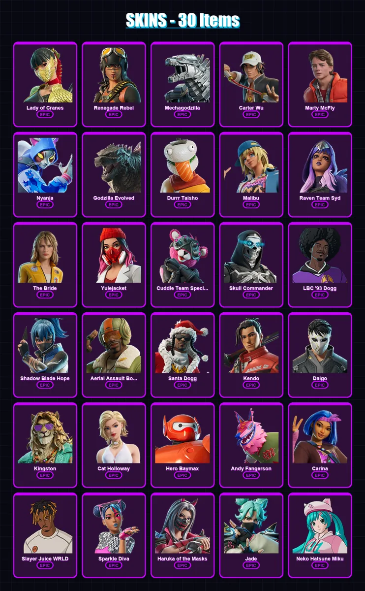 [PC/XBOX/PSN] | Lady of Cranes | Renegade Rebel | Mechagodzilla | Carter Wu | Marty McFly | 30 skin | 48 pickaxe | 32 emote | 33 glider | Lv217