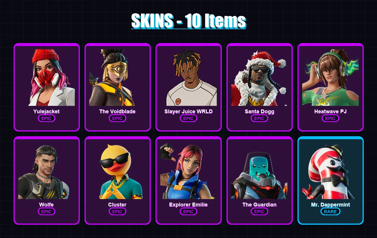 [PC/XBOX/PSN] | Yulejacket | The Voidblade | Slayer Juice WRLD | Santa Dogg | Heatwave PJ | 10 skin | 33 pickaxe | 18 emote | 28 glider | Lv352
