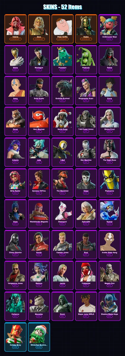 [PC/PSN] | Valeria | Zeus | Peter Griffin | Hades | Undercover Skye | 52 skin | 72 pickaxe | 53 emote | 56 glider | Lv796