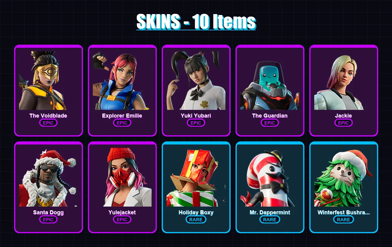 [PC/XBOX] | The Voidblade | Explorer Emilie | Yuki Yubari | The Guardian | Jackie | 10 skin | 34 pickaxe | 18 emote | 30 glider | Lv470