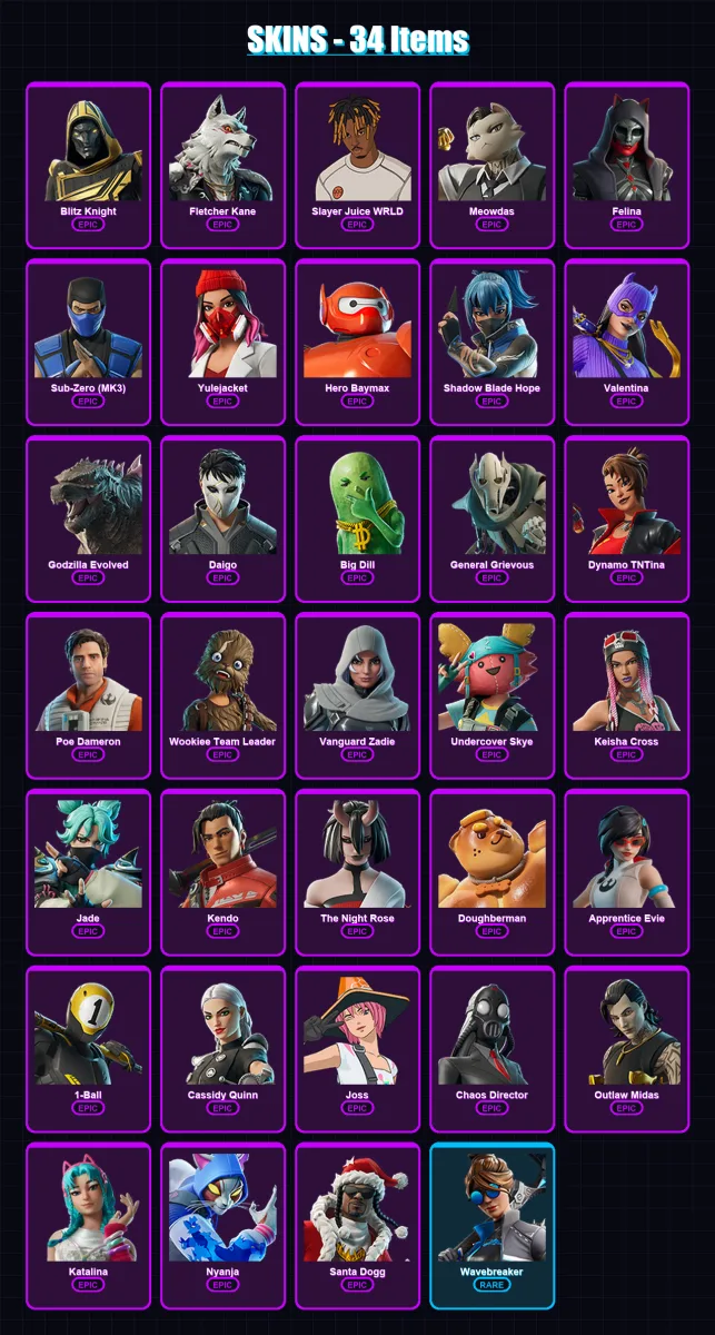 [PC/PSN] | Blitz Knight | Fletcher Kane | Slayer Juice WRLD | Meowdas | Felina | 34 skin | 72 pickaxe | 41 emote | 48 glider | Lv774 — Fortnite account