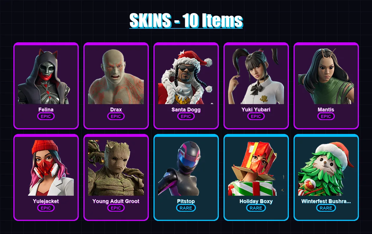 [PC/XBOX/PSN] | Felina | Drax | Santa Dogg | Yuki Yubari | Mantis | 10 skin | 35 pickaxe | 15 emote | 18 glider | Lv269