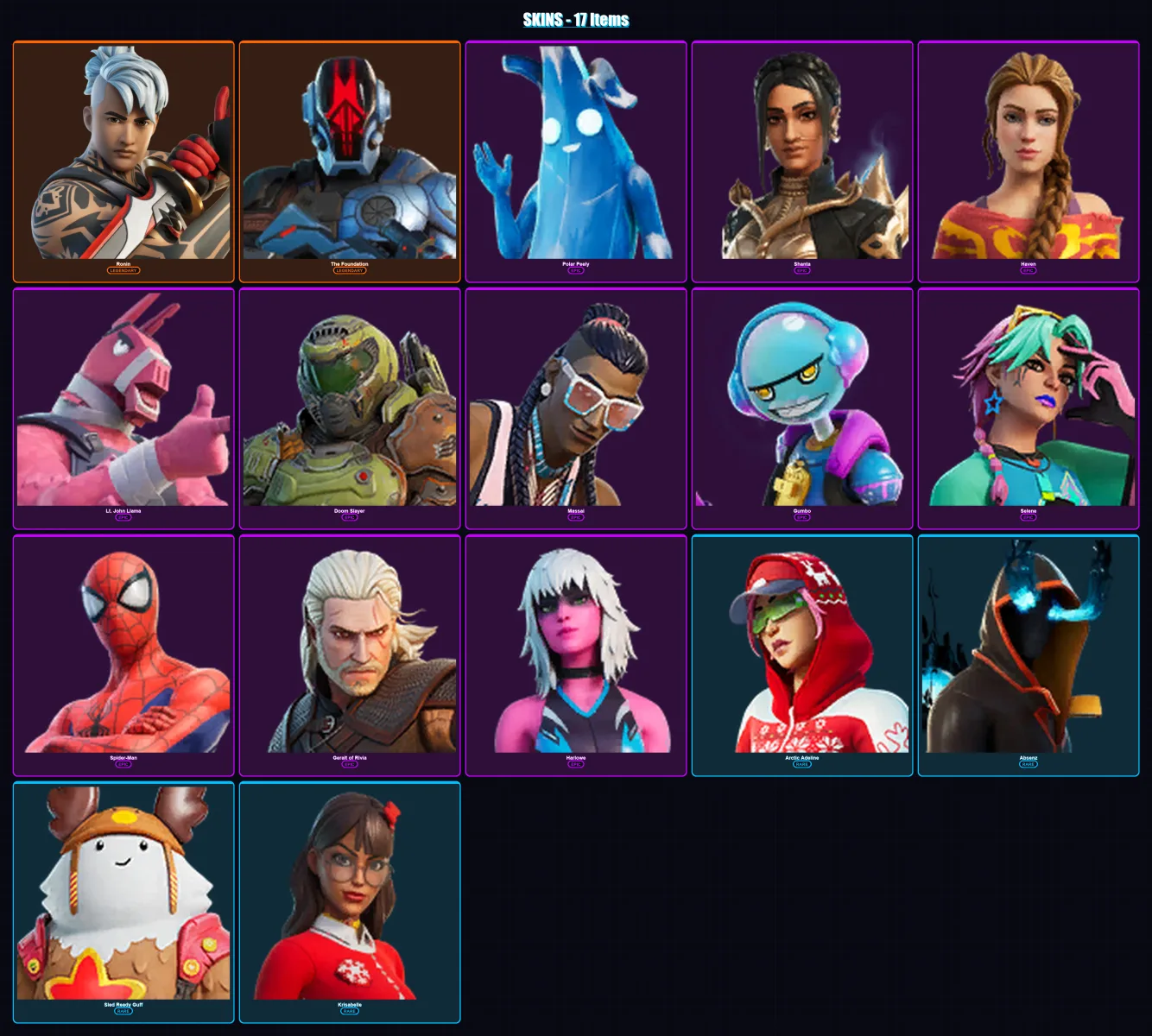 [PC/XBOX/PSN] | Ronin | The Foundation | Polar Peely | Shanta | Haven | 17 skin | 18 pickaxe | 14 emote | 16 glider | Lv163