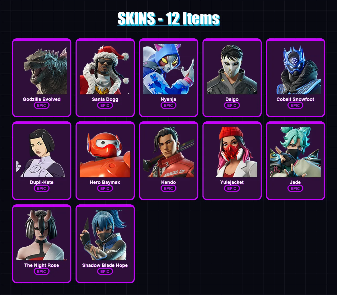 [PS4/PS5/XBOX/PC] | Godzilla Evolved | Santa Dogg | Nyanja | Daigo | Cobalt Snowfoot | 12 skin | 37 pickaxe | 20 emote | 25 glider | Lv248 — Fortnite account