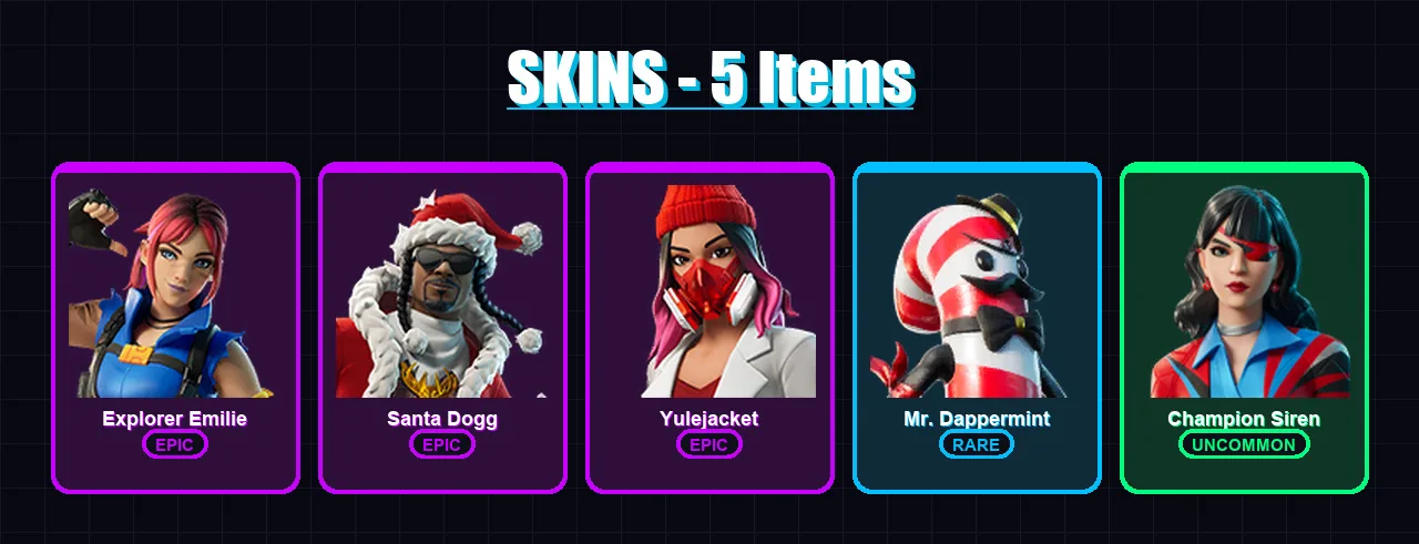 [PC/XBOX] | Explorer Emilie | Santa Dogg | Yulejacket | Mr. Dappermint | Champion Siren | 5 skin | 16 pickaxe | 7 emote | 11 glider | Lv173