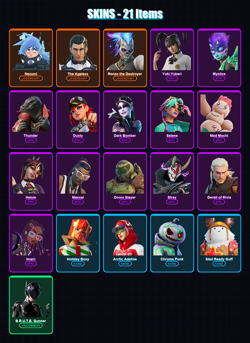 [PC/XBOX/PSN] | Nezumi | The Ageless | Renzo the Destroyer | Yuki Yubari | Mystica | 21 skin | 28 pickaxe | 30 emote | 37 glider | Lv419