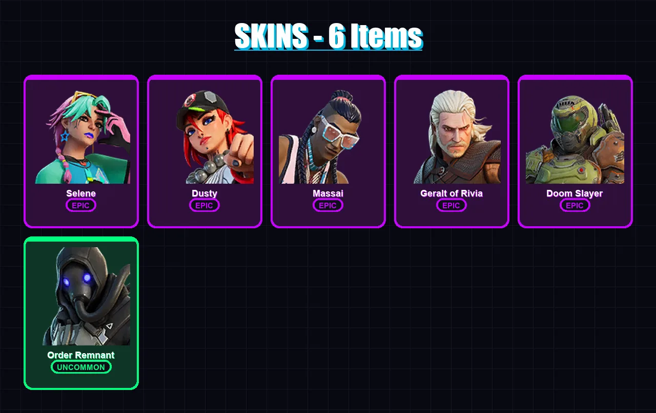 [PS4/PS5/XBOX/PC] | Selene | Dusty | Massai | Geralt of Rivia | Doom Slayer | 6 skin | 7 pickaxe | 6 emote | 8 glider | Lv65