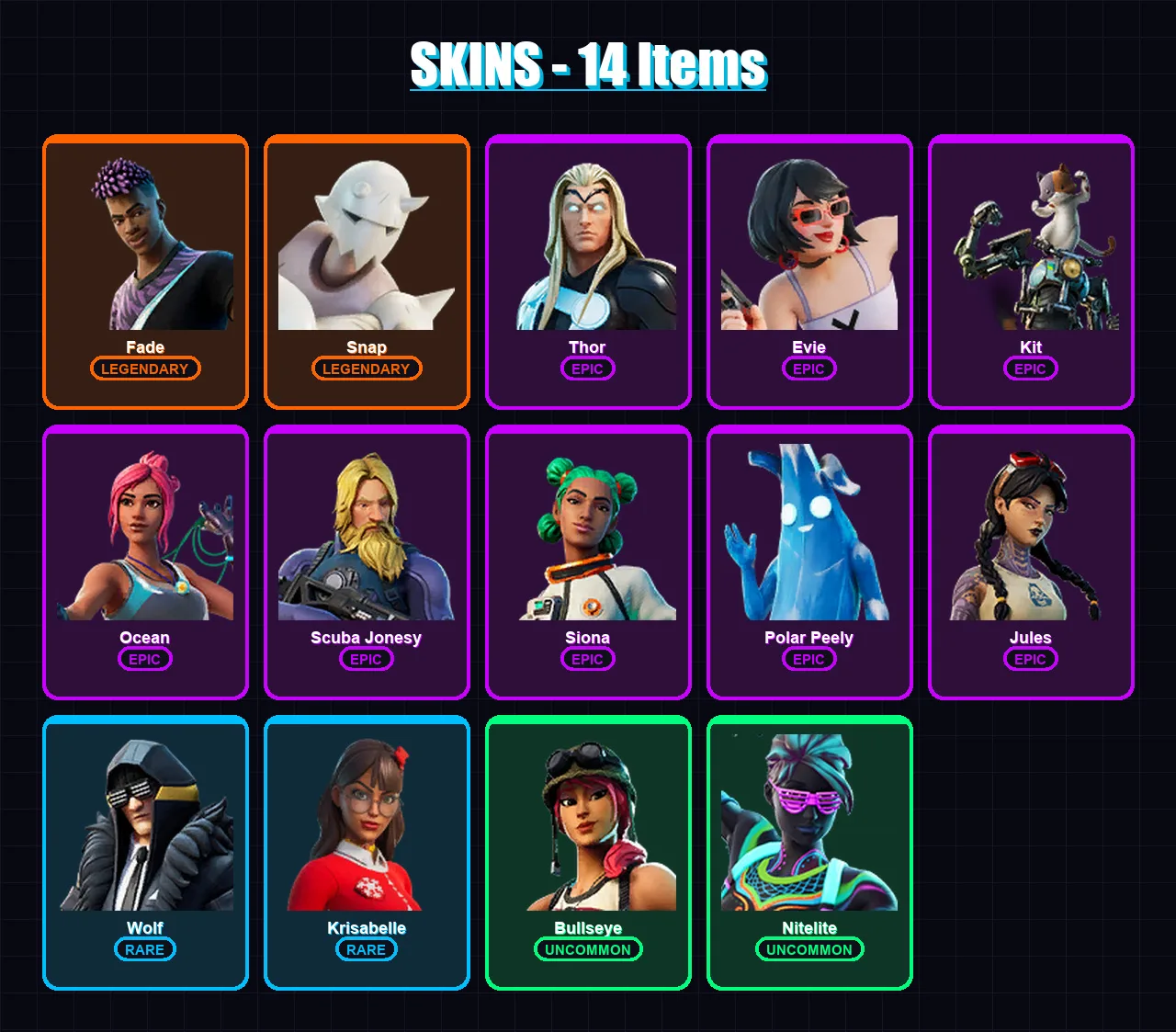 [PC/XBOX] | Fade | Snap | Thor | Evie | Kit | 14 skin | 23 pickaxe | 27 emote | 25 glider | Lv326 — Fortnite account