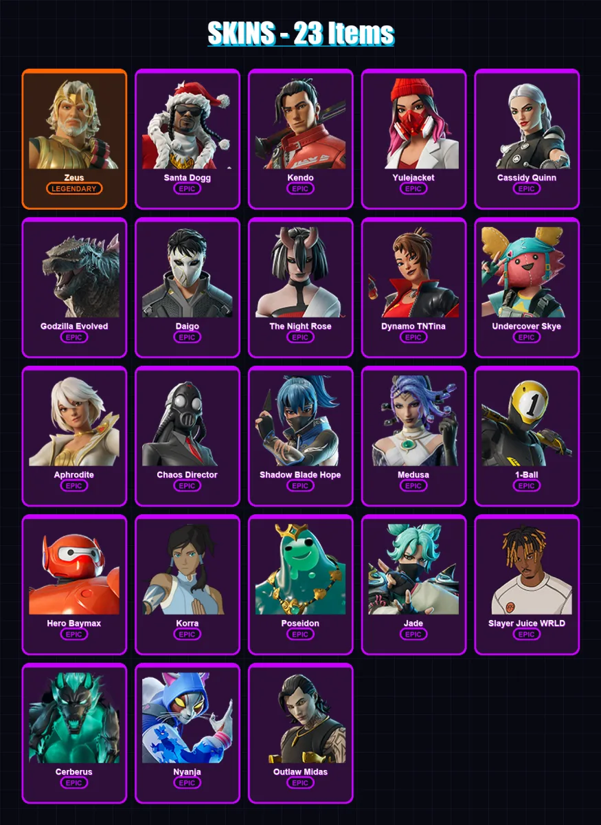 [PC] | Zeus | Santa Dogg | Kendo | Yulejacket | Cassidy Quinn | 23 skin | 55 pickaxe | 30 emote | 38 glider | Lv393