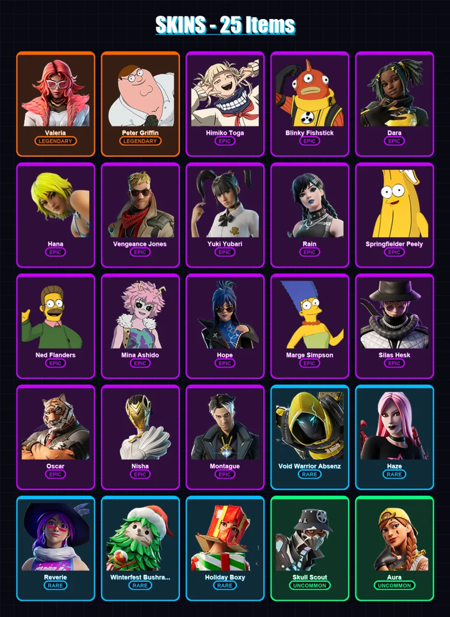 [PC/PSN] | Valeria | Peter Griffin | Himiko Toga | Blinky Fishstick | Dara | 25 skin | 30 pickaxe | 13 emote | 13 glider | Lv170