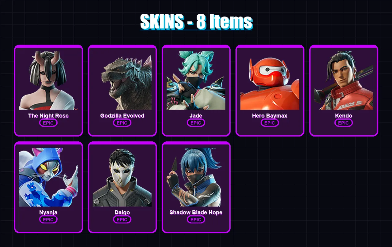 [PC/PSN] | The Night Rose | Godzilla Evolved | Jade | Hero Baymax | Kendo | 8 skin | 14 pickaxe | 12 emote | 13 glider | Lv122