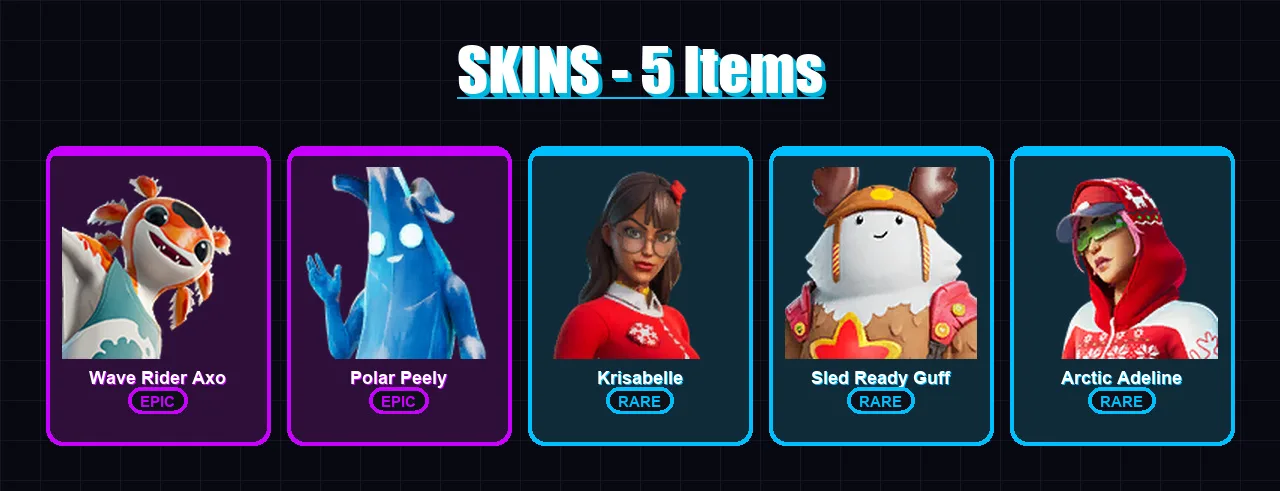 [PC] | Wave Rider Axo | Polar Peely | Krisabelle | Sled Ready Guff | Arctic Adeline | 5 skin | 11 pickaxe | 8 emote | 11 glider | Lv115