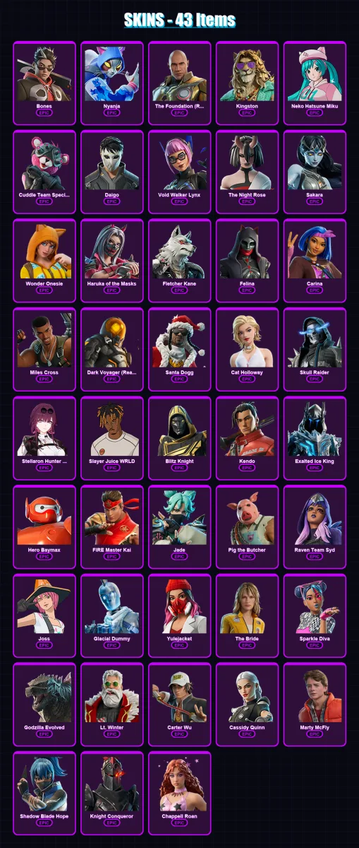 [PC/XBOX/PSN] | Bones | Nyanja | The Foundation (Reforged) | Kingston | Neko Hatsune Miku | 43 skin | 108 pickaxe | 64 emote | 65 glider | Lv834