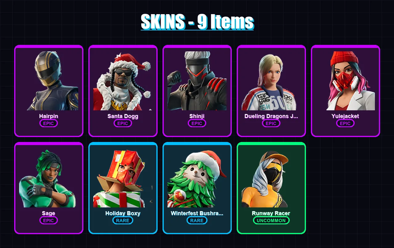 [PS4/PS5/XBOX/PC] | Hairpin | Santa Dogg | Shinji | Dueling Dragons Jackie | Yulejacket | 9 skin | 19 pickaxe | 5 emote | 14 glider | Lv238